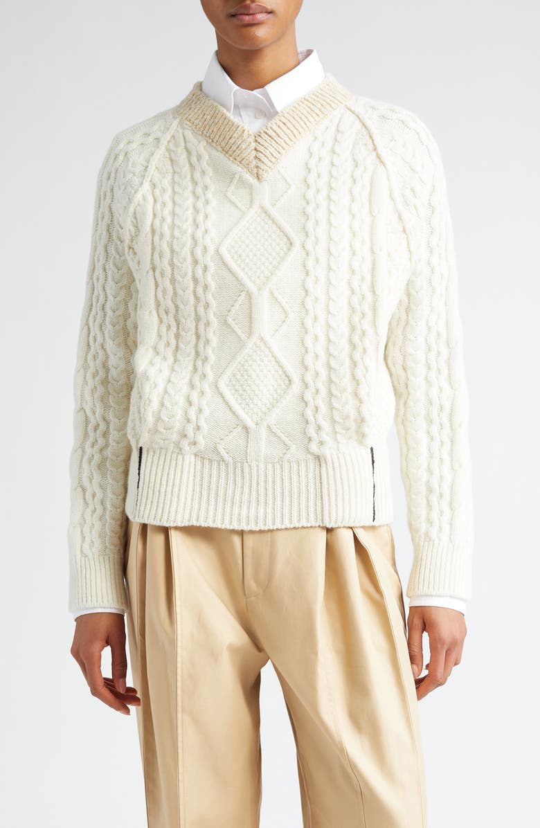 Victoria Beckham Contrast V-Neck Cable Stitch Lambswool Sweater, Main, color,