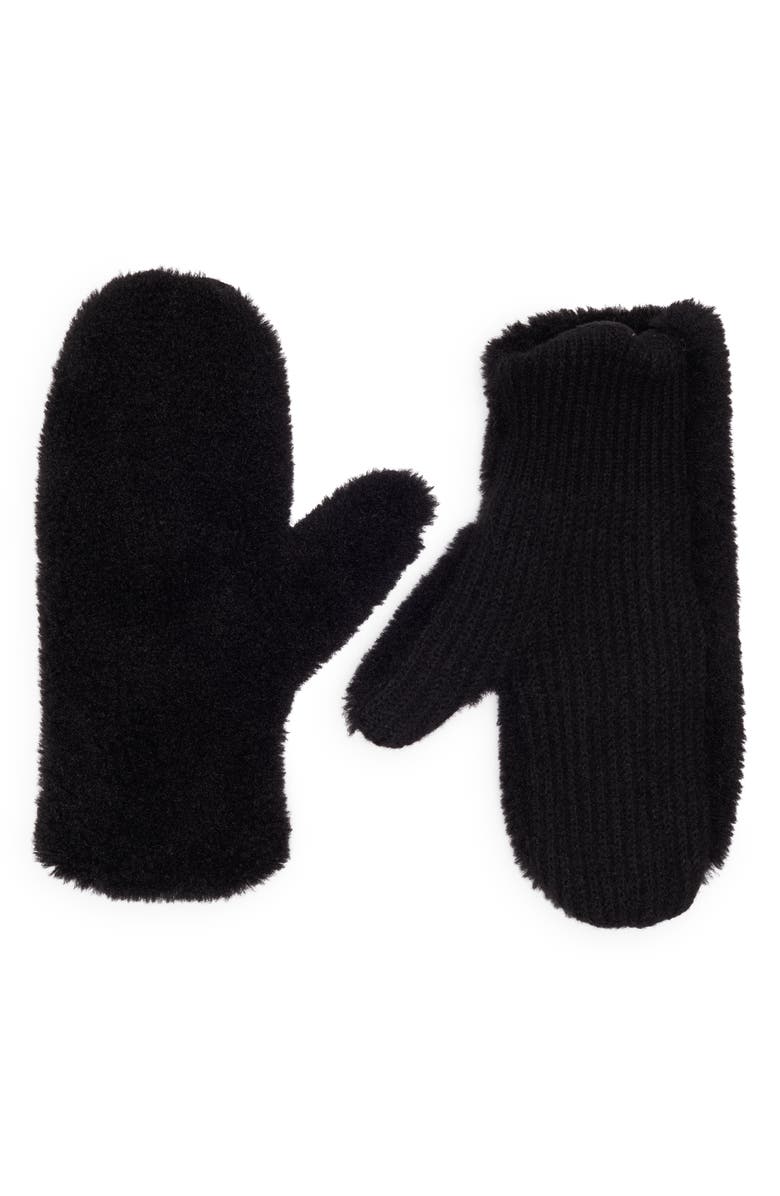 BCBG Faux Shearling Mittens, Main, color, Black