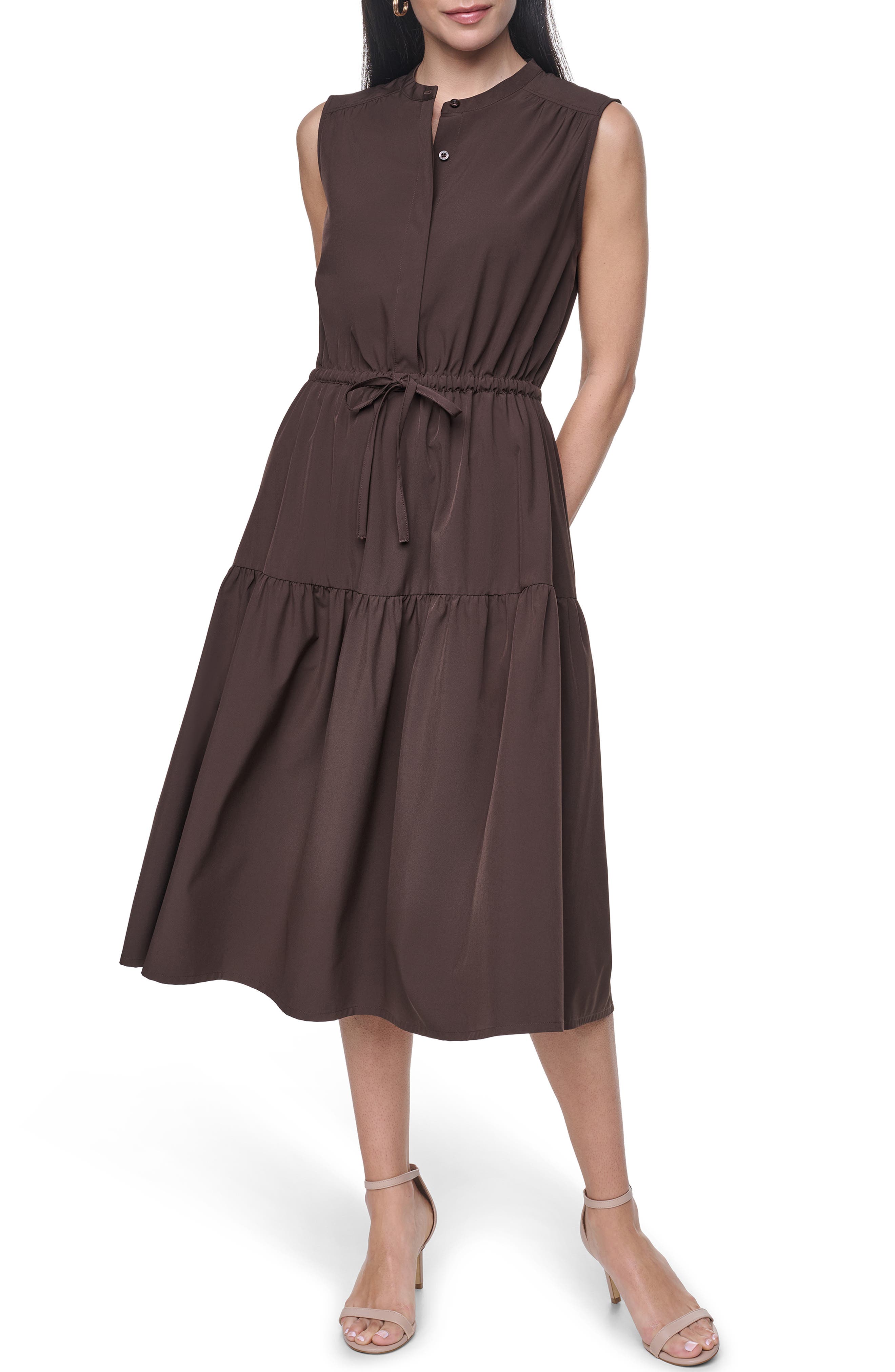Tiered Midi Dress with Tie Belt