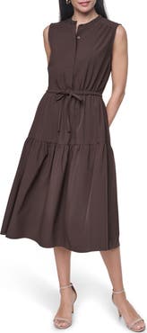 Calvin Klein Tiered Midi Dress with Tie Belt