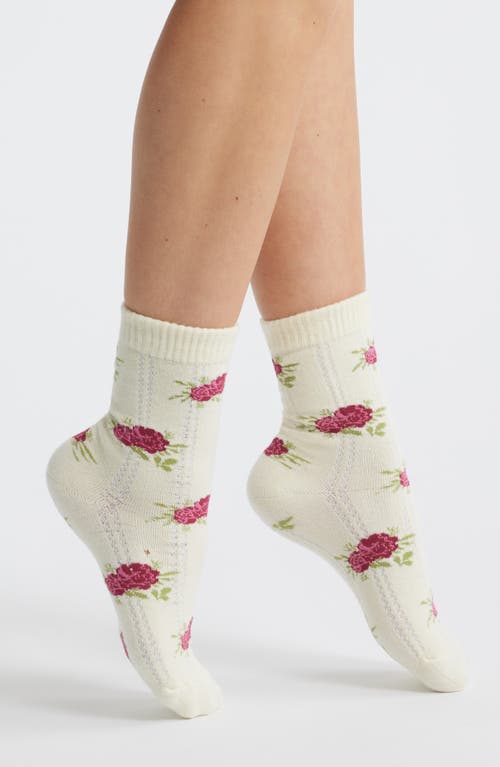 Stems Cozy Chic Floral Pointelle Quarter Socks In White