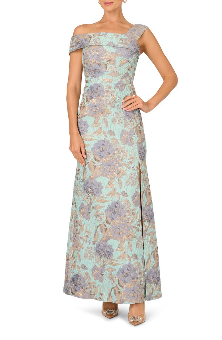 Adrianna Papell Metallic Floral Jacquard Mermaid Gown, Main, color, Blue/ Mint Multi