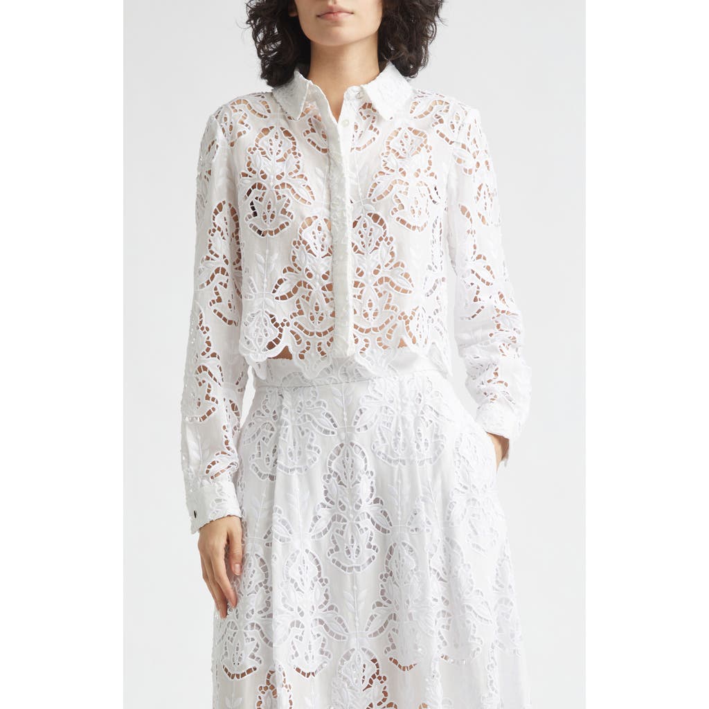 Toccin Jilly Floral Embroidery Crop Shirt in Optic at Nordstrom, Size Xx-Small
