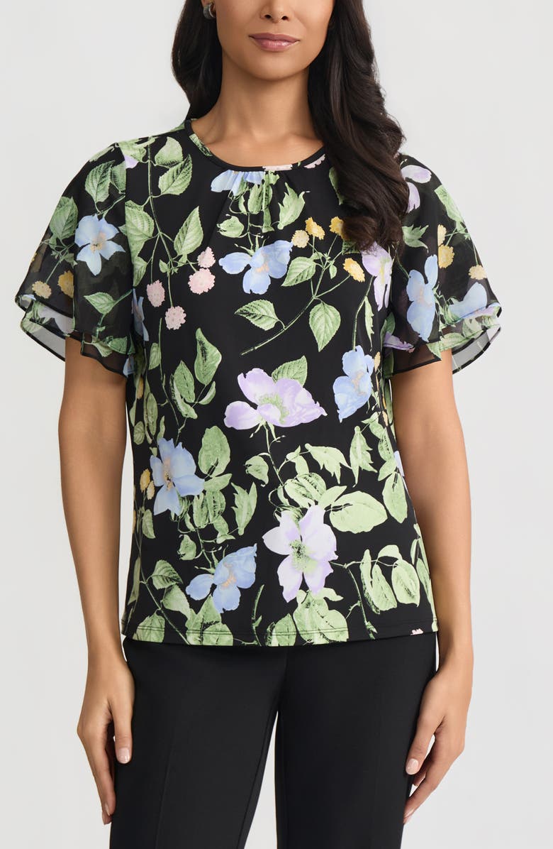 KASPER Floral Print Flutter Sleeve Mixed Media Top, Main, color, 
