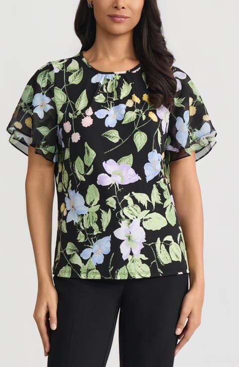 Floral Print Flutter Sleeve Mixed Media Top