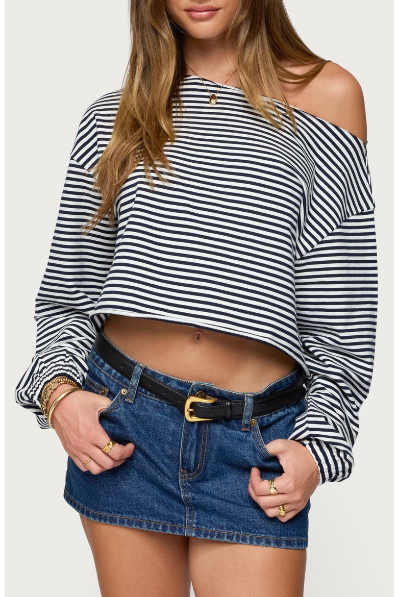 Aveline Stripe One-Shoulder Sweatshirt, Main, color, NAVY-AND-WHITE