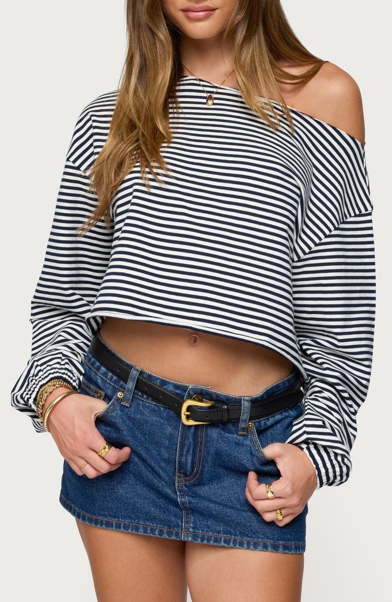 EDIKTED Aveline Stripe One-Shoulder Sweatshirt, Main, color, Navy-And-White