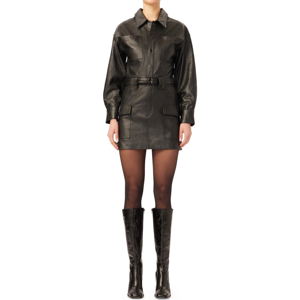 Dl1961 Coletta Belted Long Sleeve Leather Minidress In Black