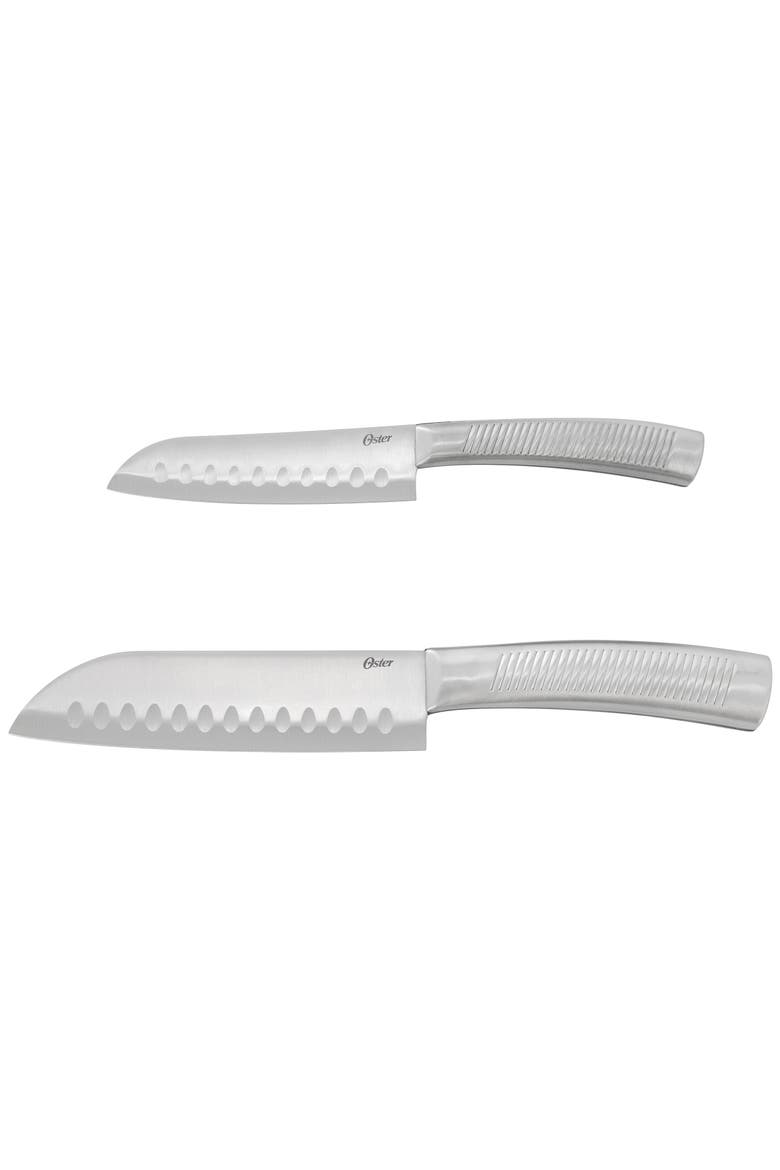 2pc Stainless Steel Santoku Knife Set Ridged Handles, Main, color, Silver