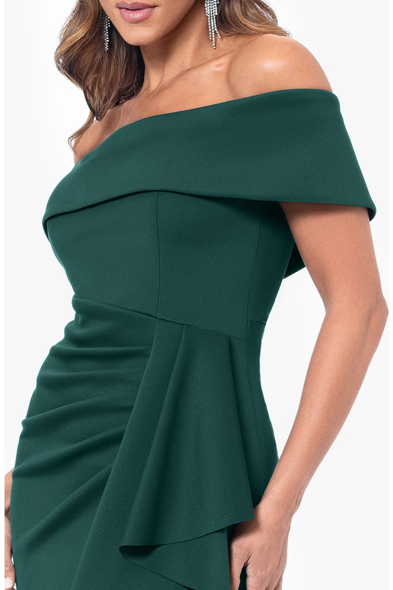 Side Ruffle Off the Shoulder Scuba Knit Gown, Alternate, color, HUNTER