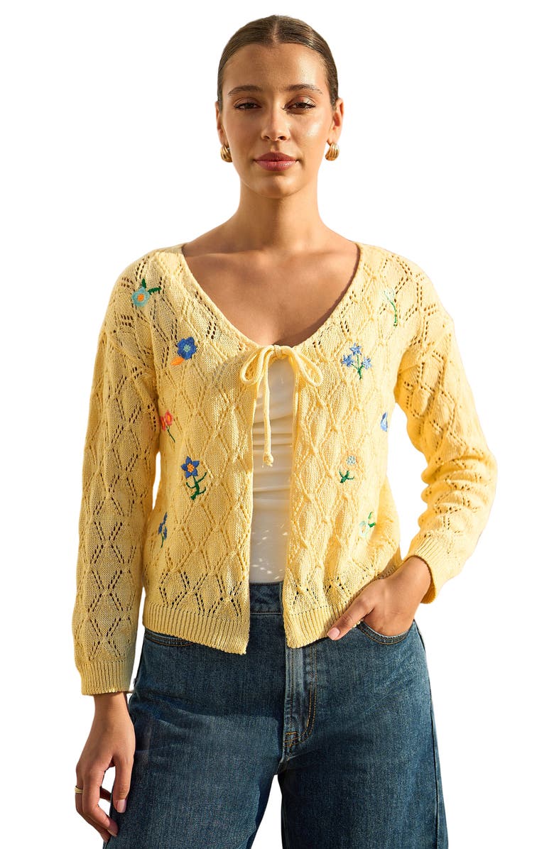 Yumi Embroidered Pointelle Cardigan, Main, color, Butter Yellow
