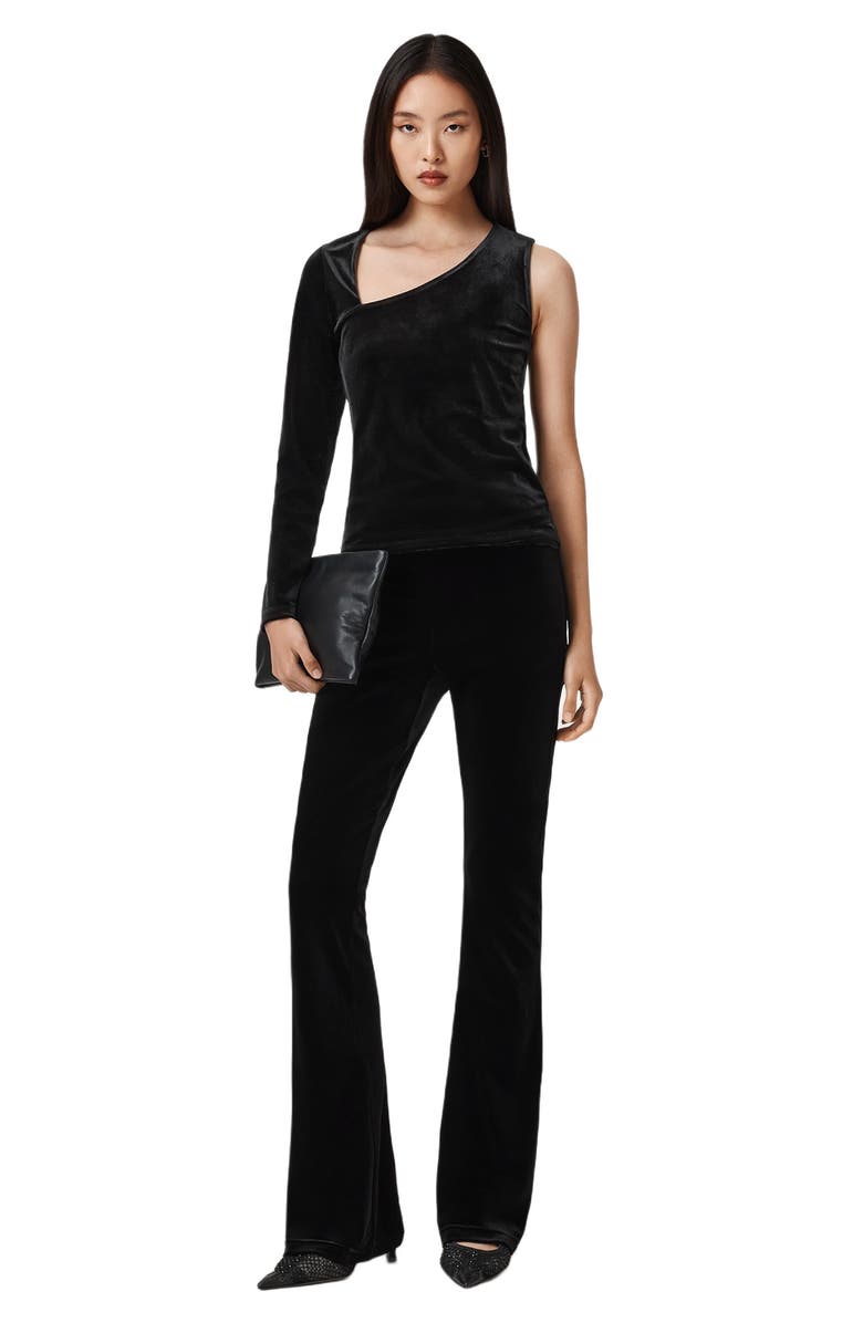 AllSaints Ari Asymmetric Single Long Sleeve Velvet Top, Alternate, color, Black