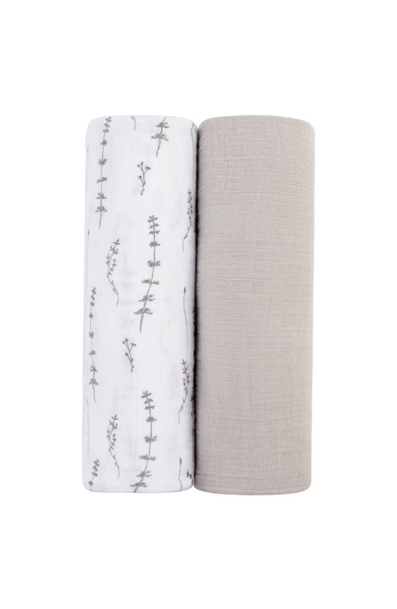Ely's & Co. Cotton Muslin Swaddle Blanket 2 Pack, Main, color, Grey Leaves/ Solid Pebble Grey