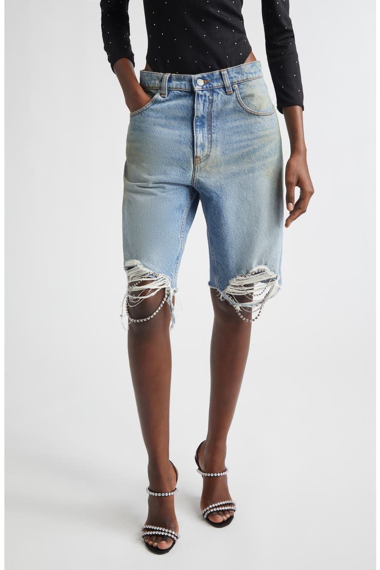 Crystal Frayed Cutoff Shorts, Main, color, MEDIUM BLUE
