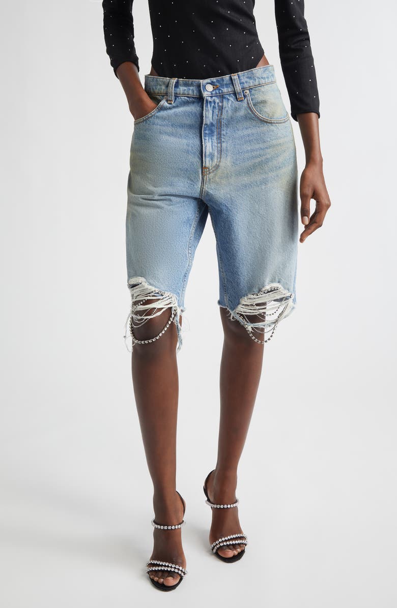 Area Crystal Frayed Cutoff Shorts, Main, color, Medium Blue