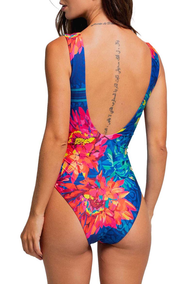 Beaded Lace-Up One-Piece Swimsuit, Alternate, color, BLUE MULTI
