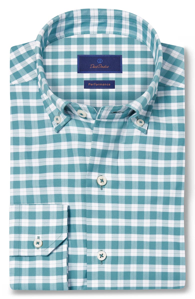 David Donahue Performance Plaid Sport Shirt, Main, color, Petrol