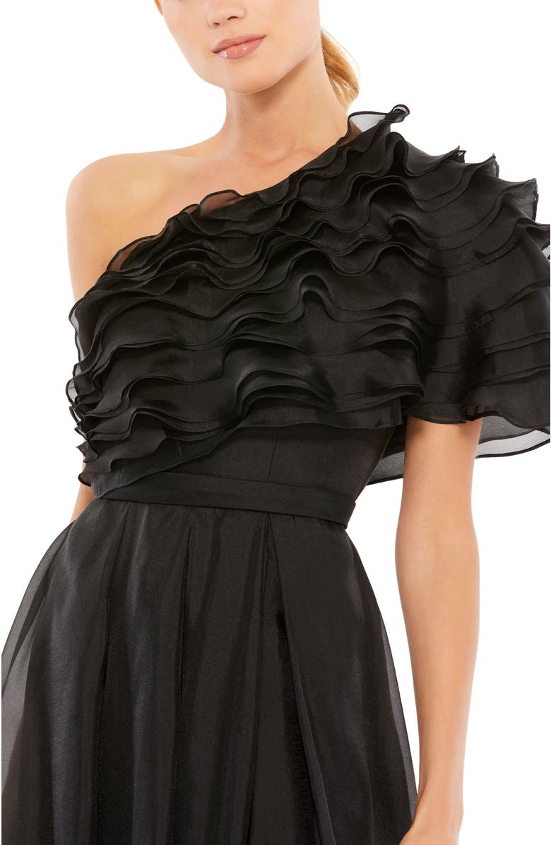 Mac Duggal Ruffle Layered One Shoulder Gown, Alternate, color, Black