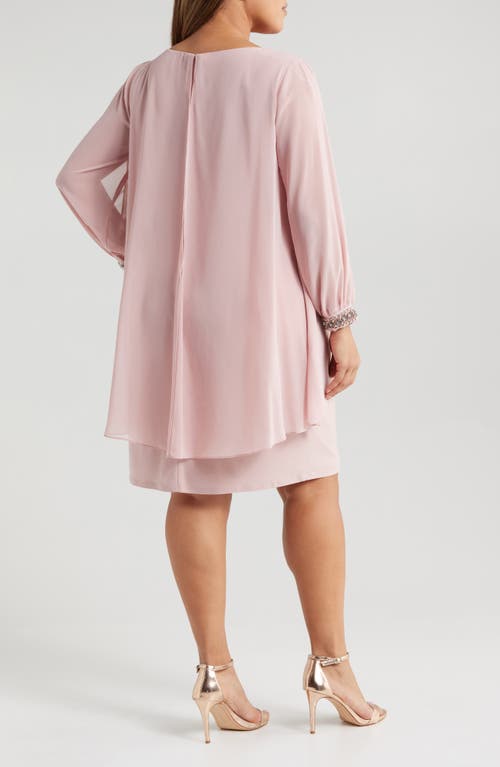 Shop Sl Fashions Beaded Overlay Long Sleeve Chiffon Cocktail Dress In Faded Rose