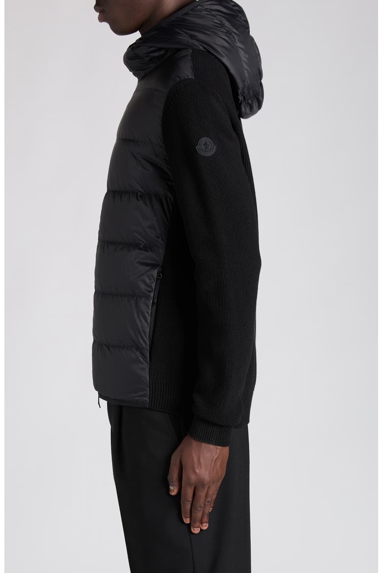 Cotton Knit & Down Hooded Cardigan, Alternate, color, BLACK