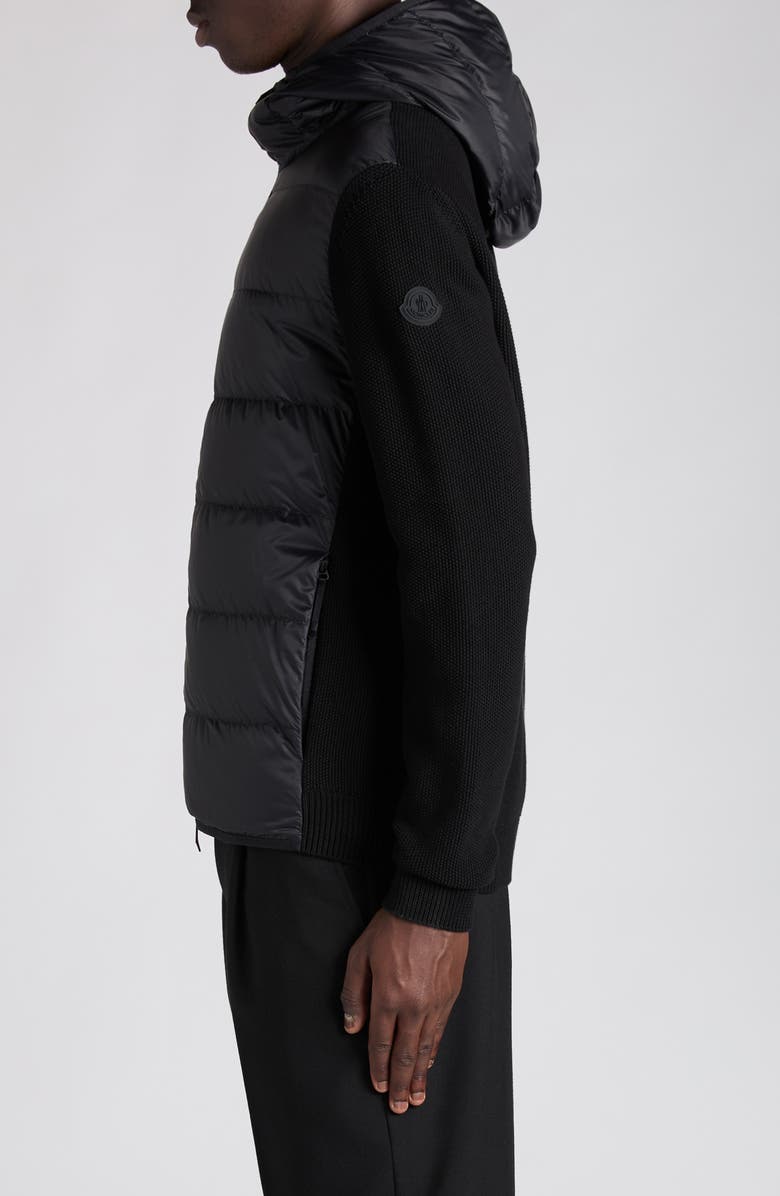 Moncler Cotton Knit & Down Hooded Cardigan, Alternate, color, Black
