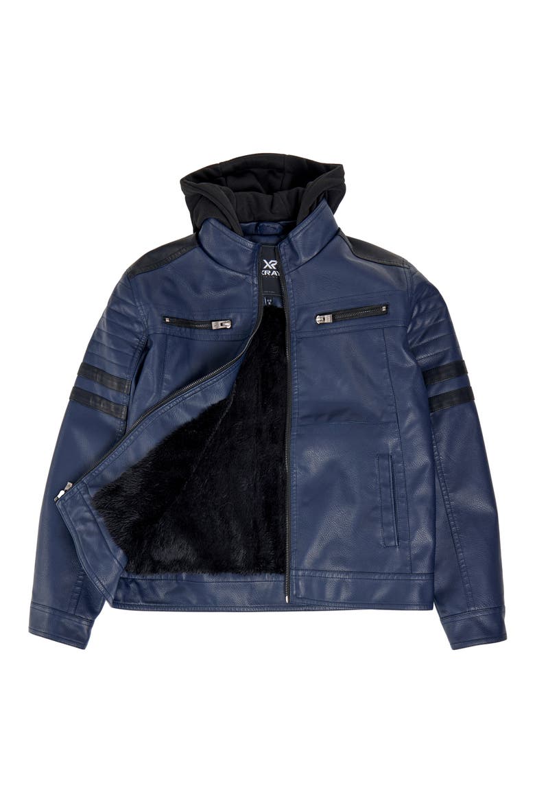 Kids' Hooded Faux Shearling Lined Faux Leather Moto Jacket, Main, color, NAVY/BLACK
