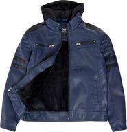XRAY Kids' Hooded Faux Shearling Lined Faux Leather Moto Jacket