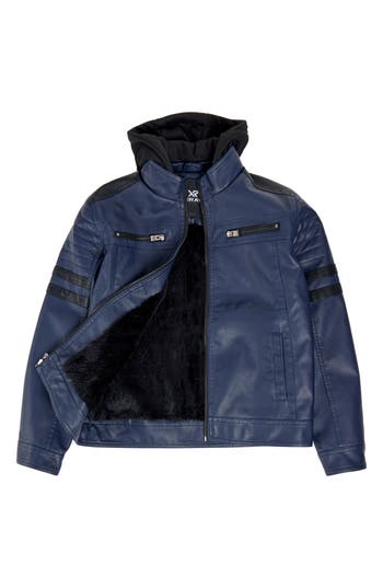 X-ray Xray Kids' Hooded Faux Shearling Lined Faux Leather Moto Jacket In Blue