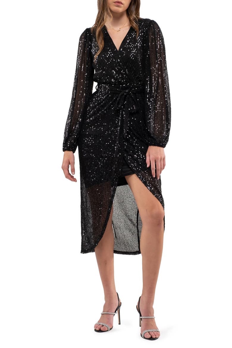 Sequin Long Sleeve Dress, Main, color, BLACK