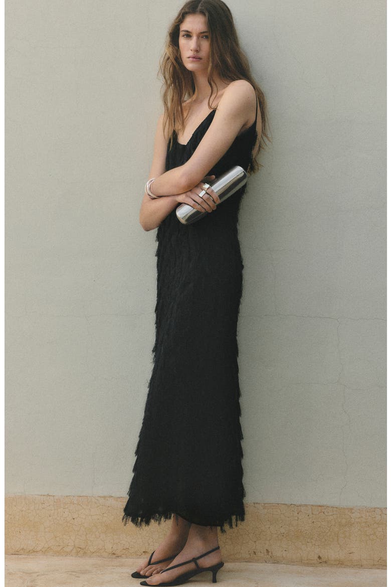 Frayed Sleeveless Maxi Slipdress, Alternate, color, BLACK