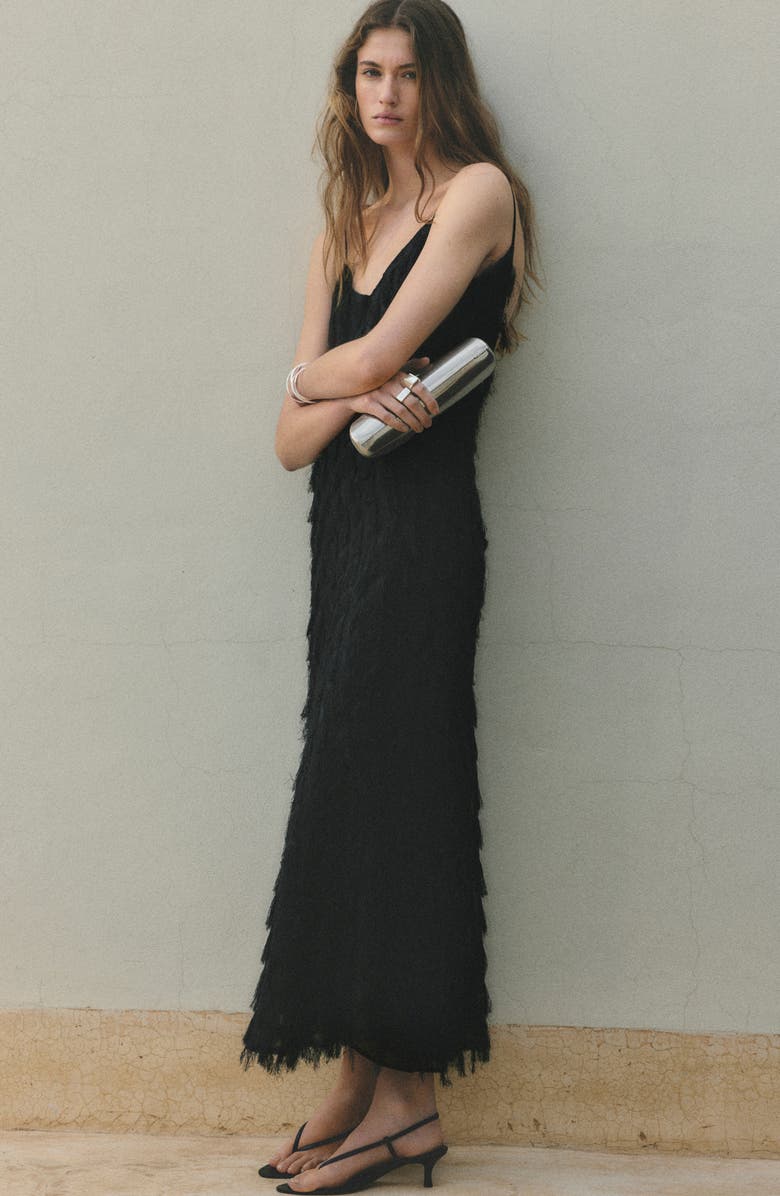 MANGO Frayed Sleeveless Maxi Slipdress, Alternate, color, Black