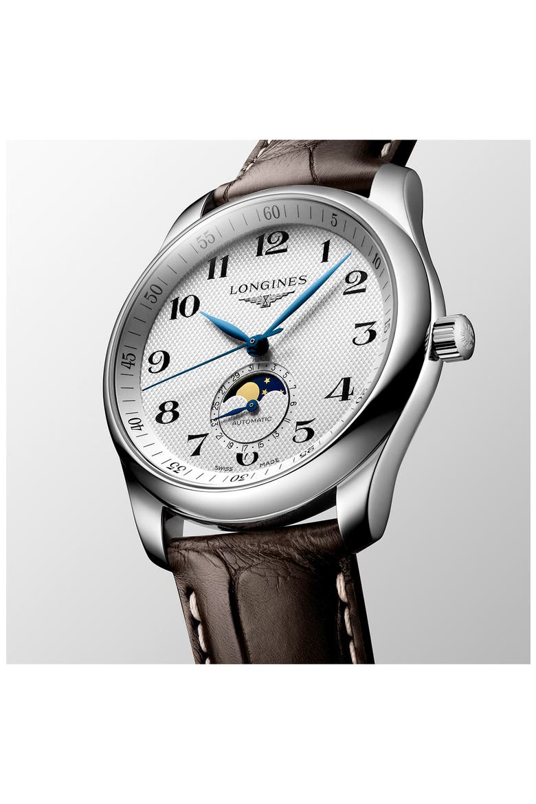 Master Collection Moon Phase Leather Strap Automatic Watch, 40mm, Alternate, color, WHITE
