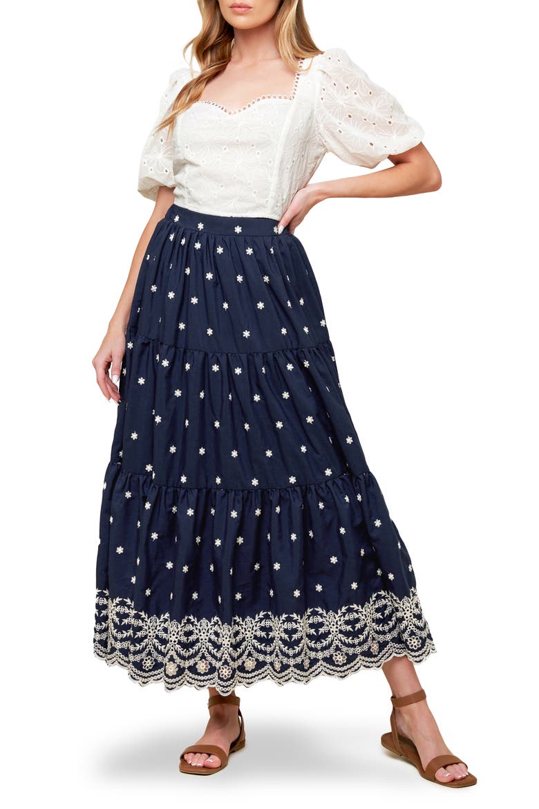 Embroidered Midi Skirt, Alternate, color, NAVY