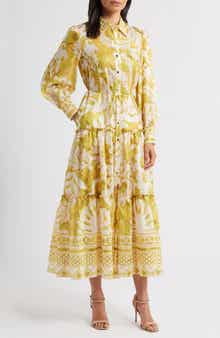 Mixed Print Long Sleeve Tiered Shirtdress