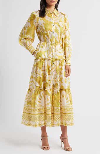 Mixed Print Long Sleeve Tiered Shirtdress