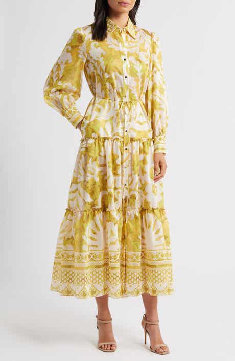 Mixed Print Long Sleeve Tiered Shirtdress
