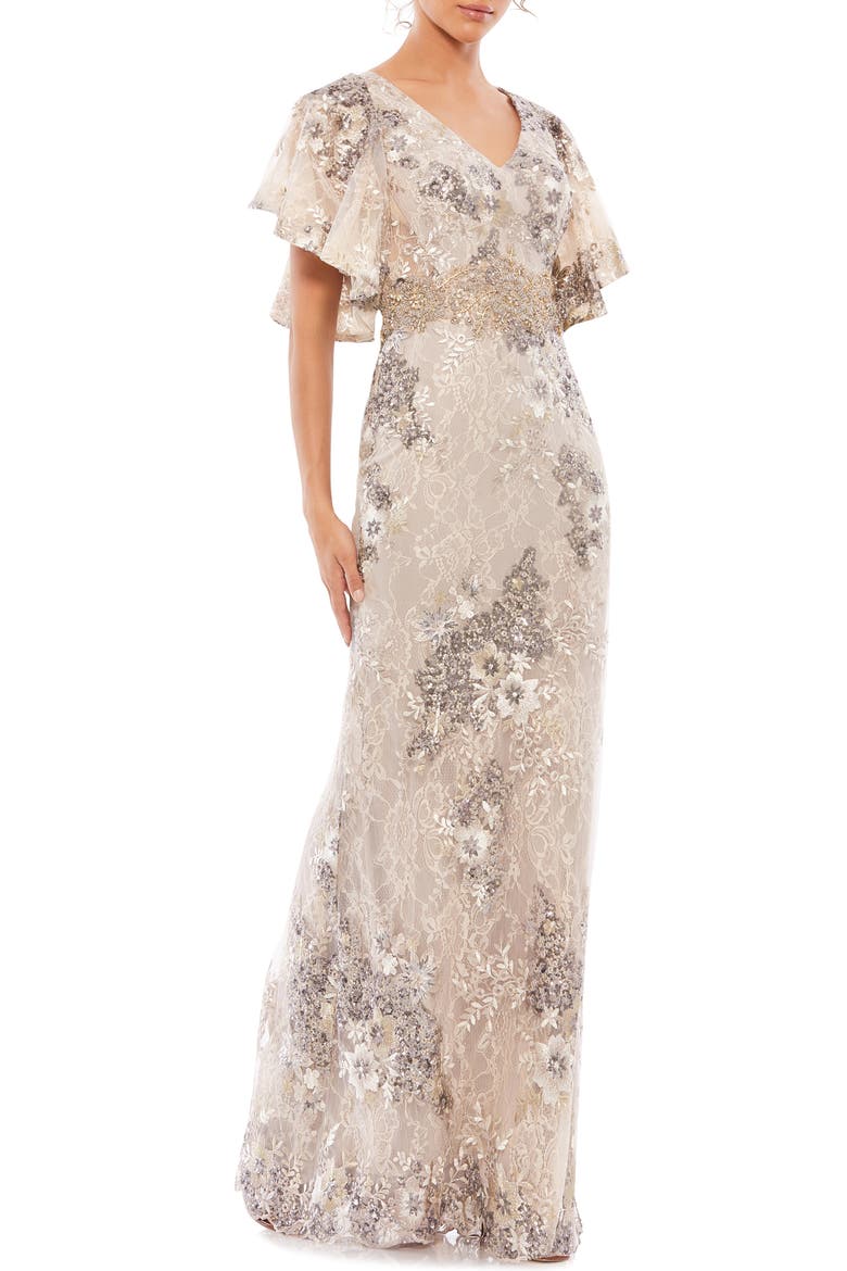 Flutter Sleeve Embellished Lace Trumpet Gown, Main, color, TAUPE
