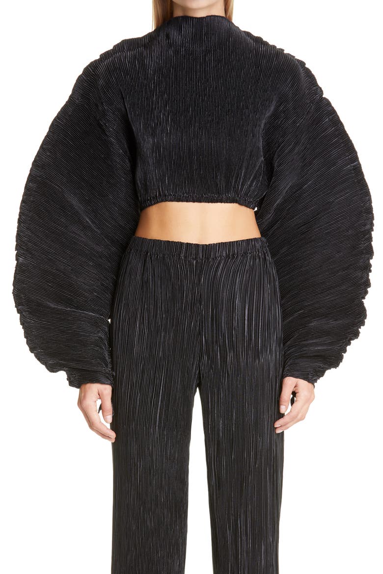 Mala Plissé Pleat Ruched Ruffle Sleeve Top, Main, color, BLACK