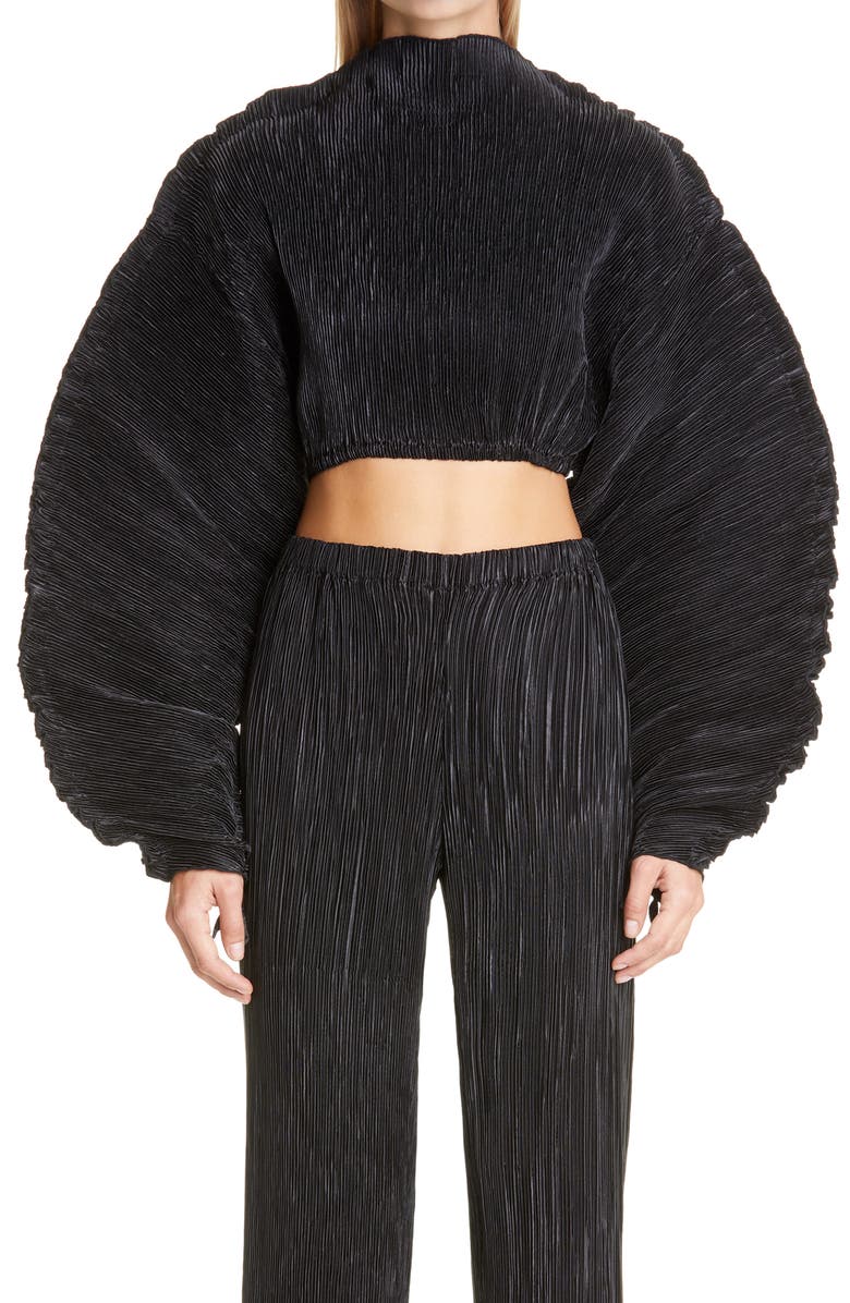 Cult Gaia Mala Plissé Pleat Ruched Ruffle Sleeve Top, Main, color, 