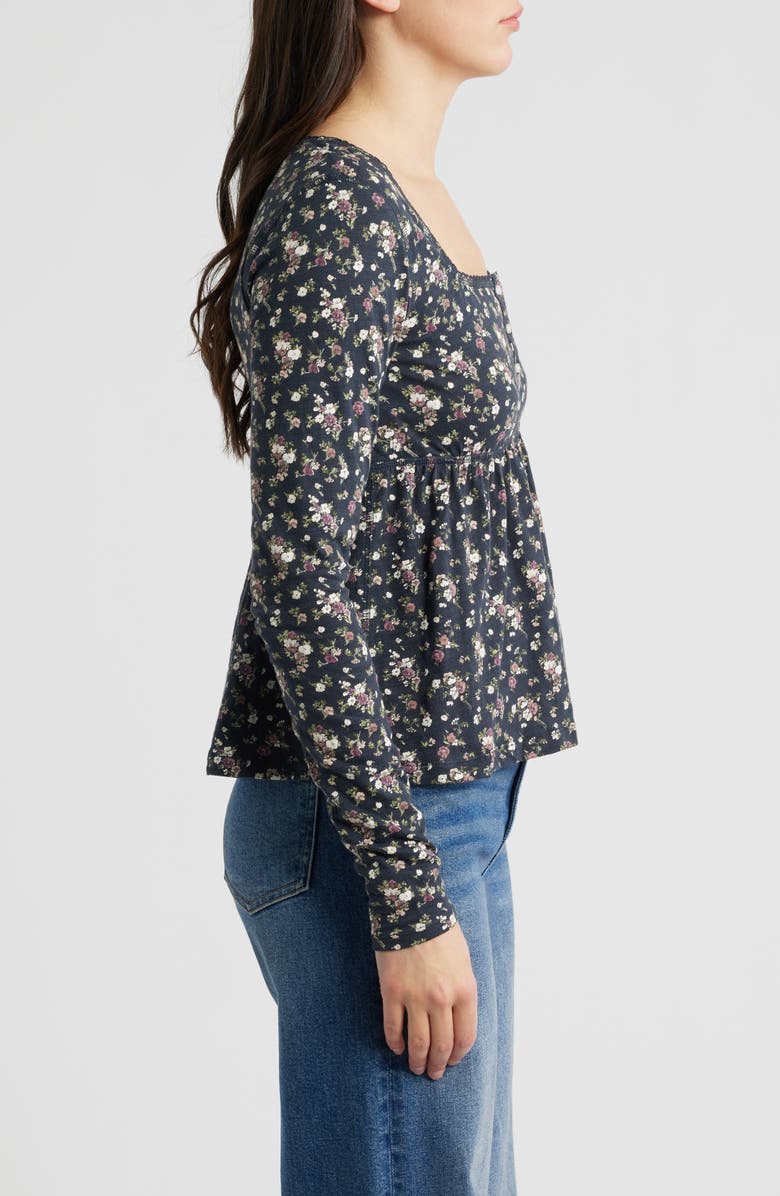 Lucky Brand Babydoll Henley Floral Top, Alternate, color, Black Floral