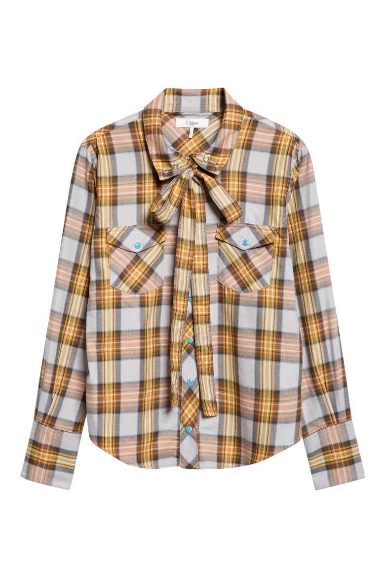 Check Tie Neck Shirt, Main, color, ARGIL BROWN