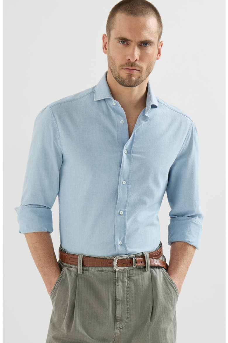 Denim-effect chambray shirt with spread collar, Alternate, color, Medium Denim