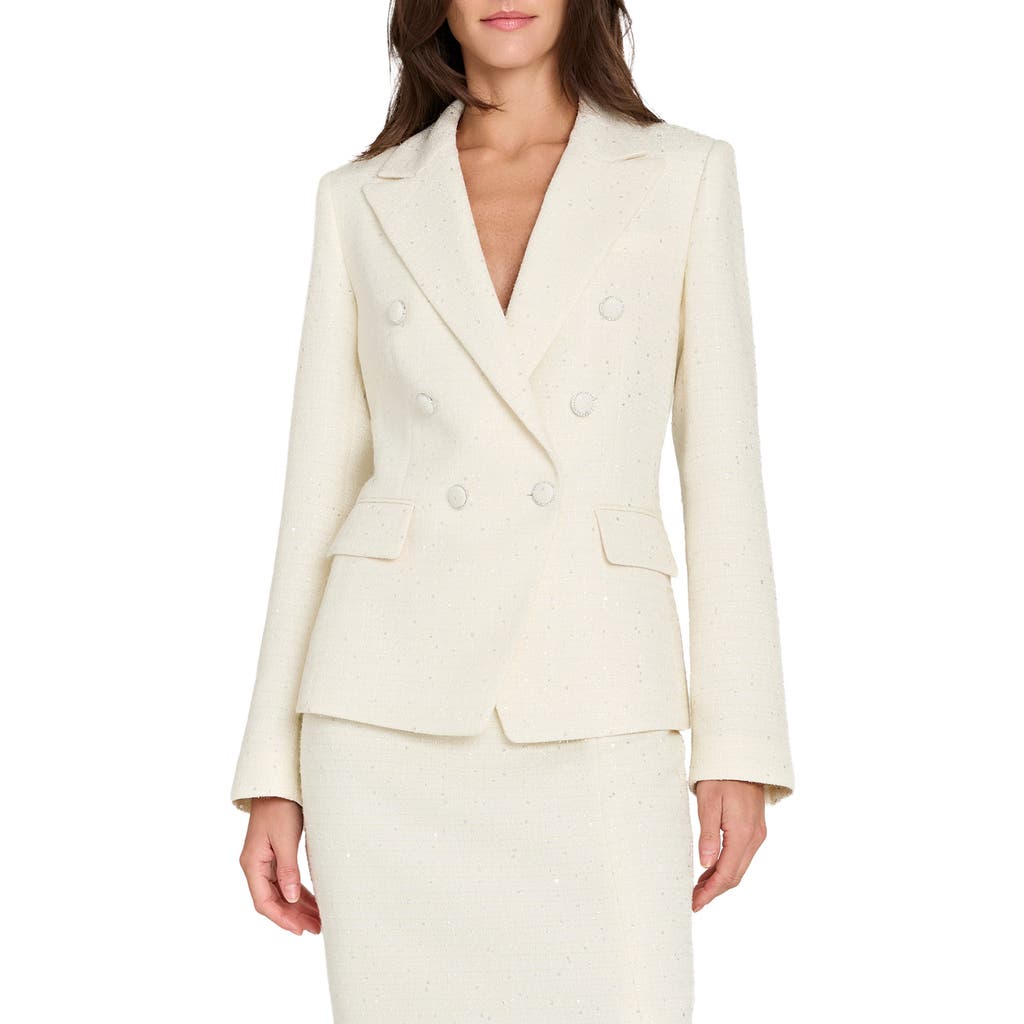Tahari Asl Crystal Double Breasted Bouclé Blazer In White
