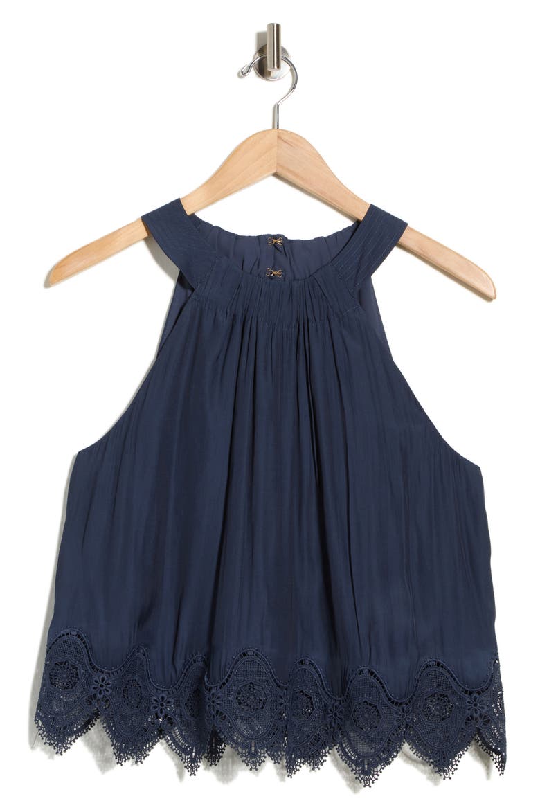 Karis Halter Neck Lace Trim Tank, Alternate, color, NAVY