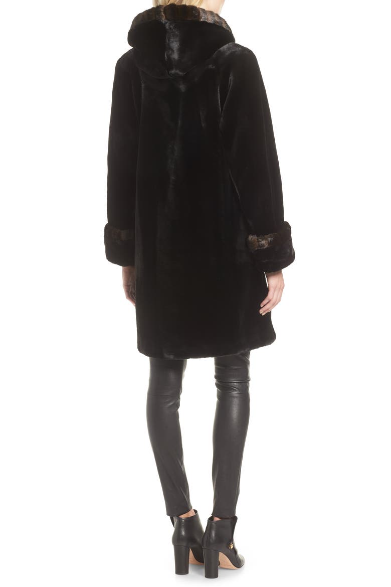 Hooded Faux Fur Walking Coat, Alternate, color, BLACK