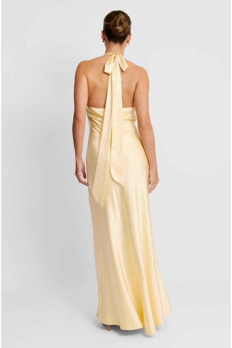 Plunge Knot Satin Bridesmaid Dress, Alternate, color, Lemon