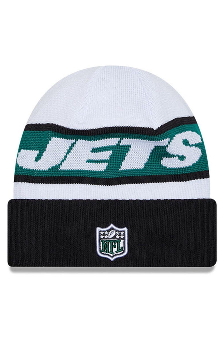Men's New Era  White/Black New York Jets 2023 Sideline Tech Cuffed Knit Hat, Alternate, color, White