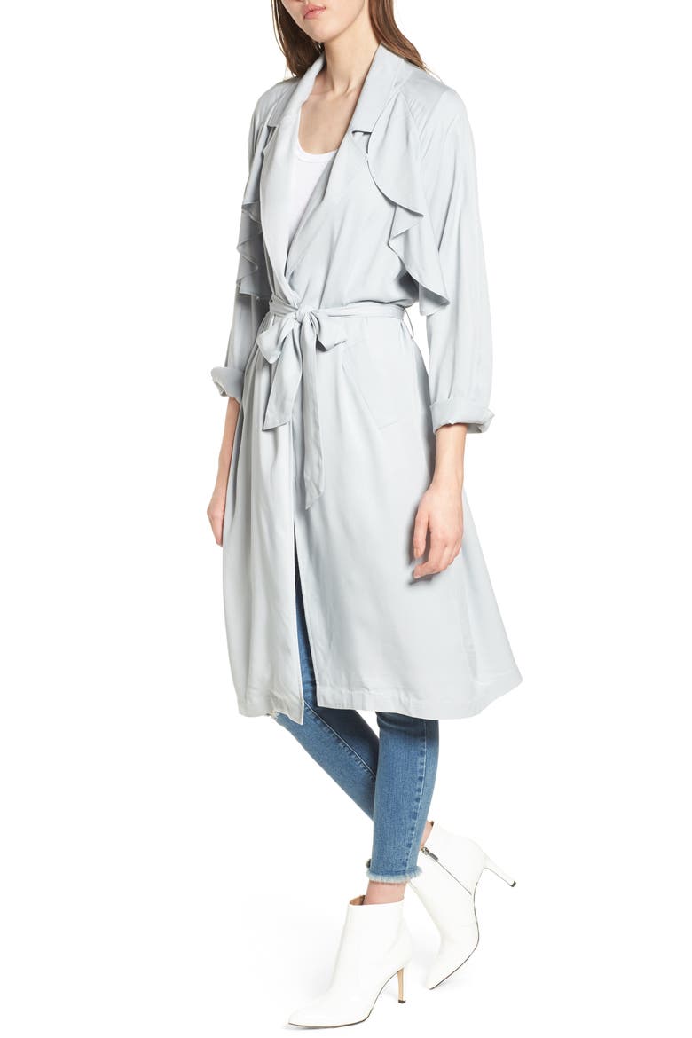 Ruffle Trim Trench Coat, Alternate, color, BLUE PEARL