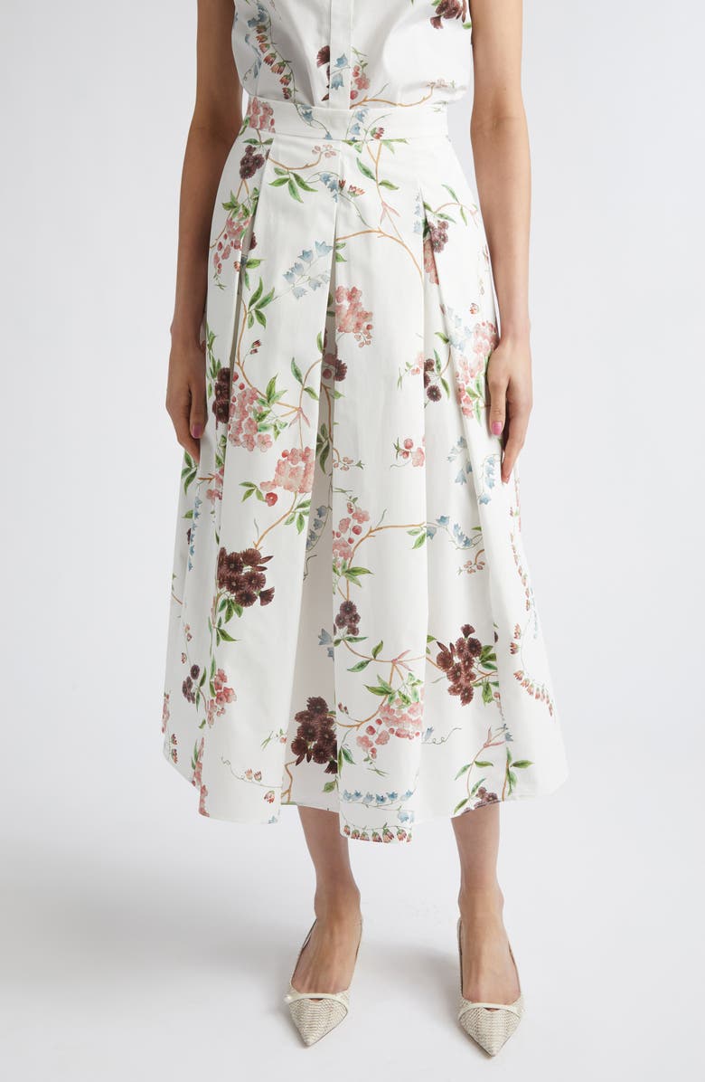 Erdem Chintz Floral Pleated Organic Cotton Poplin A-Line Midi Skirt, Main, color, French Chintz Multi White
