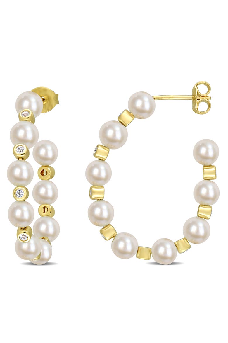 Pearl & White Topaz Hoop Earrings, Main, color, Cultured Pearl
